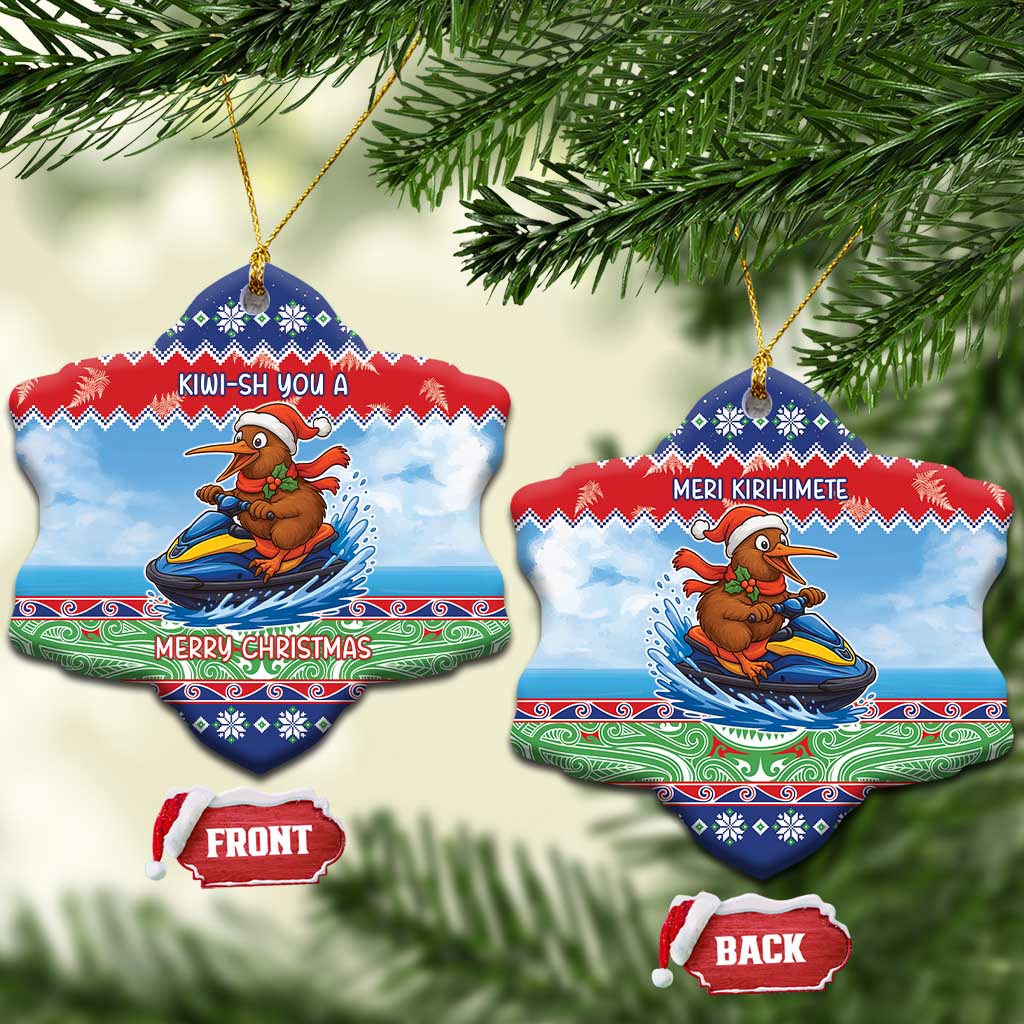New Zealand Christmas Ceramic Ornament Funny Jet Ride Kiwi Xmas LT05 Snow Flake Blue - Polynesian Pride