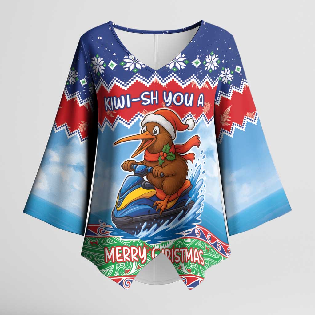 New Zealand Christmas Kimono Sleeve Blouse Funny Jet Ride Kiwi Xmas LT05 Female Blue - Polynesian Pride