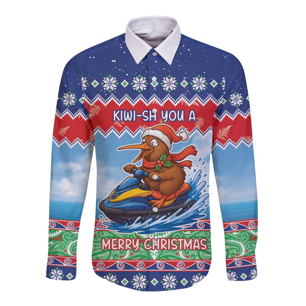 New Zealand Christmas Long Sleeve Button Shirt Funny Jet Ride Kiwi Xmas LT05 Unisex Blue - Polynesian Pride