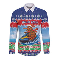 New Zealand Christmas Long Sleeve Button Shirt Funny Jet Ride Kiwi Xmas LT05 Unisex Blue - Polynesian Pride