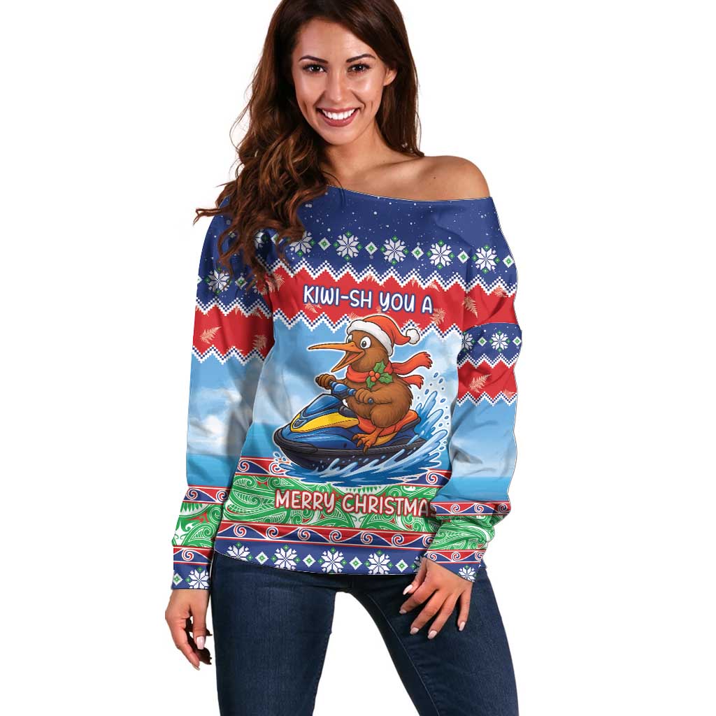 New Zealand Christmas Off Shoulder Sweater Funny Jet Ride Kiwi Xmas LT05 Women Blue - Polynesian Pride