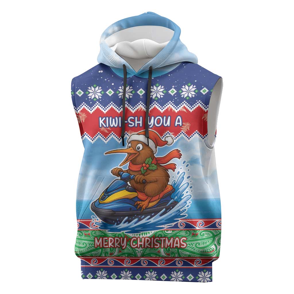 New Zealand Christmas Sleeveless Hoodie Funny Jet Ride Kiwi Xmas LT05 Blue - Polynesian Pride