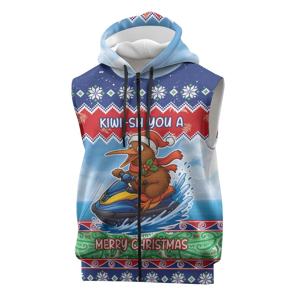 New Zealand Christmas Sleeveless Zip Hoodie Funny Jet Ride Kiwi Xmas LT05 Blue - Polynesian Pride