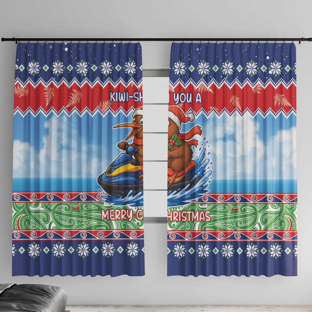New Zealand Christmas Window Curtain Funny Jet Ride Kiwi Xmas LT05 With Hooks Blue - Polynesian Pride