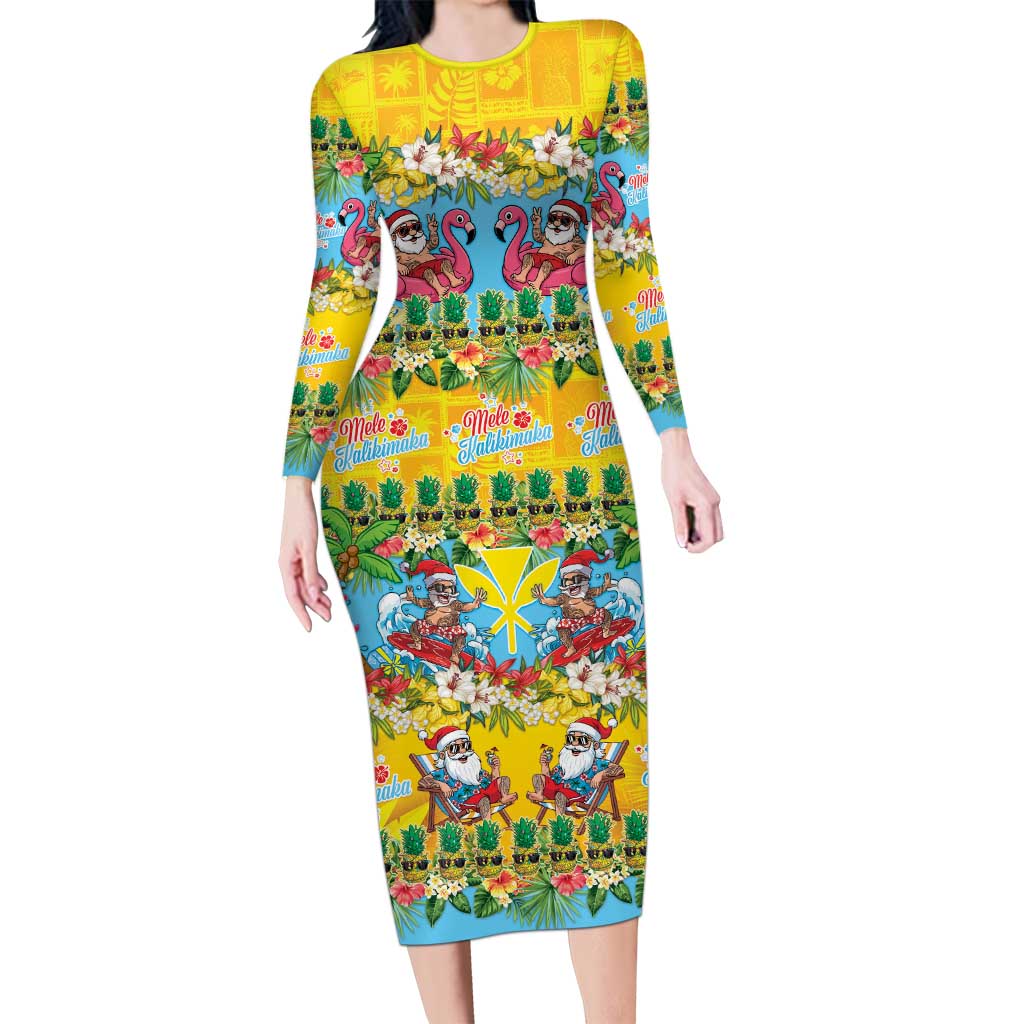 Hawaii Christmas Long Sleeve Bodycon Dress Mele Kalikimaka Tropical Vibes LT05 Long Dress Colorful - Polynesian Pride