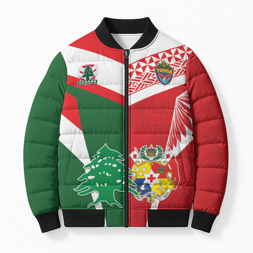 Tonga Lebanon Rugby Custom Bomber Puffer Jacket Mate Maa Tonga Cedars Together