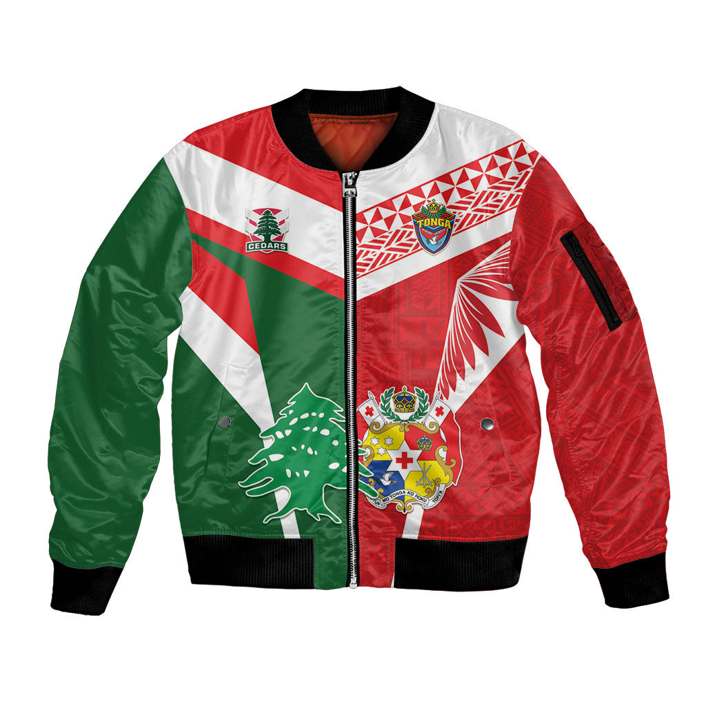 Tonga Lebanon Rugby Custom Sleeve Zip Bomber Jacket Mate Maa Tonga Cedars Together