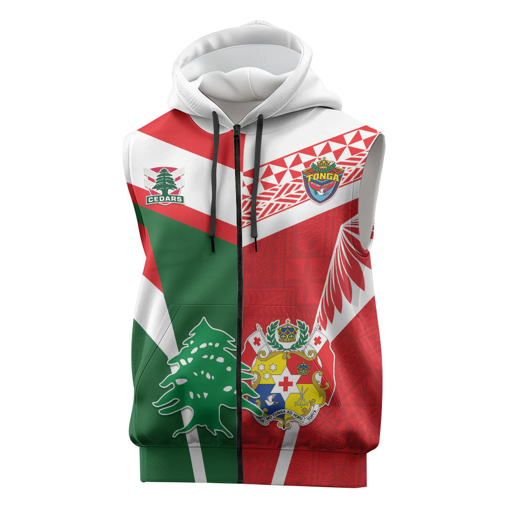 Tonga Lebanon Rugby Custom Sleeveless Zip Hoodie Mate Maa Tonga Cedars Together LT05 Multicolor - Polynesian Pride