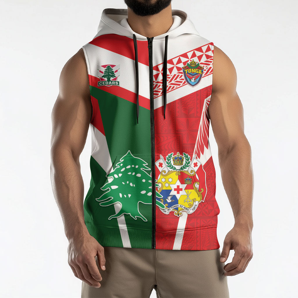 Tonga Lebanon Rugby Custom Sleeveless Zip Hoodie Mate Maa Tonga Cedars Together LT05 - Polynesian Pride