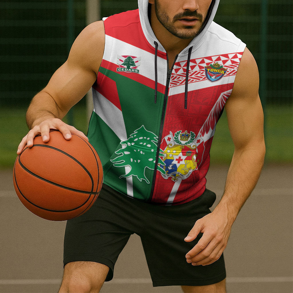 Tonga Lebanon Rugby Custom Sleeveless Zip Hoodie Mate Maa Tonga Cedars Together LT05 - Polynesian Pride