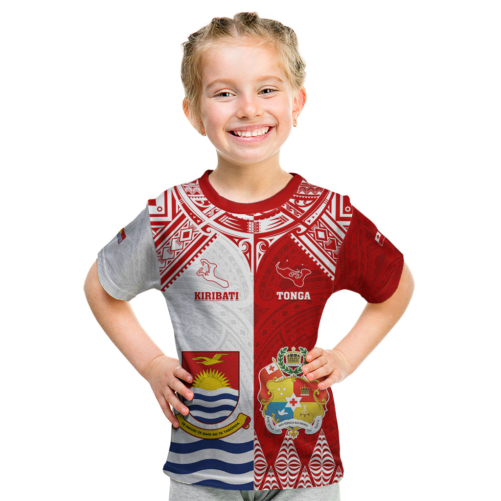 Personalised Tonga And Kiribati Kid T Shirt Coat Of Arms Polynesian Pattern LT05 Red - Polynesian Pride