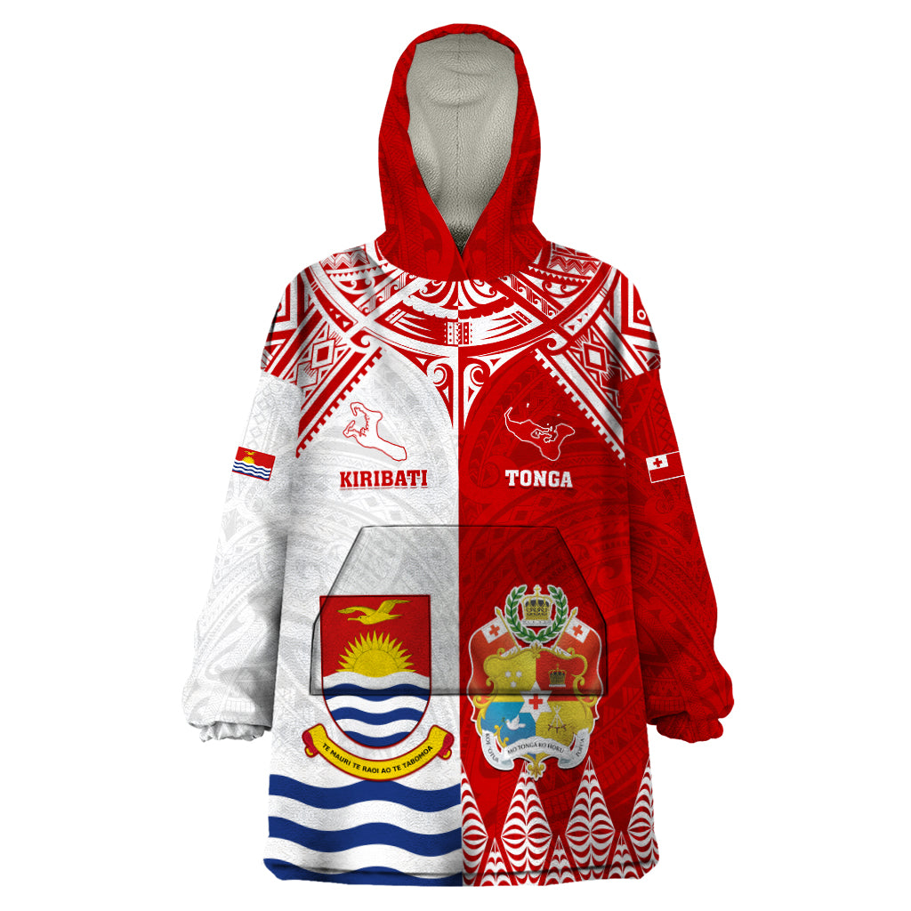 Personalised Tonga And Kiribati Wearable Blanket Hoodie Coat Of Arms Polynesian Pattern LT05 One Size Red - Polynesian Pride