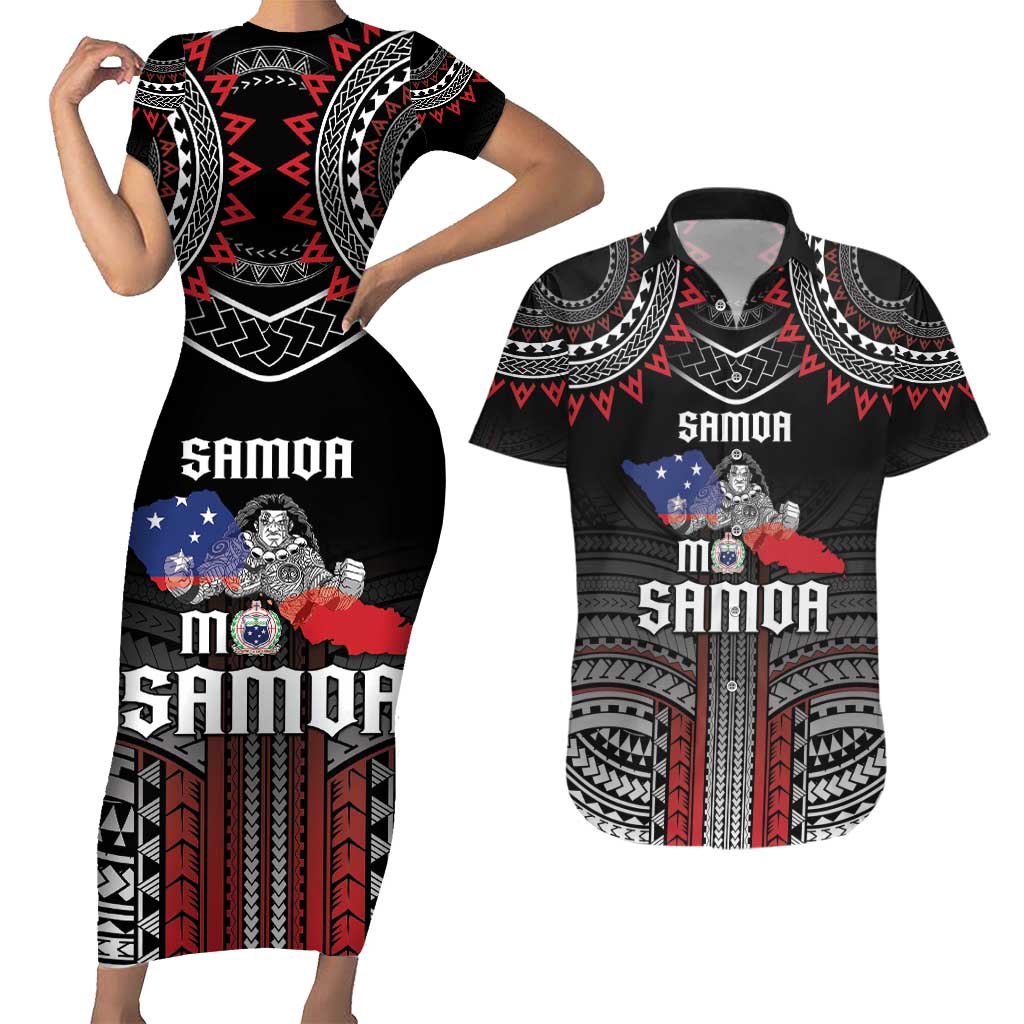 Personalised Samoa Black Saturday Couples Matching Short Sleeve Bodycon Dress and Hawaiian Shirt Samoan Warrior Tribal Pattern