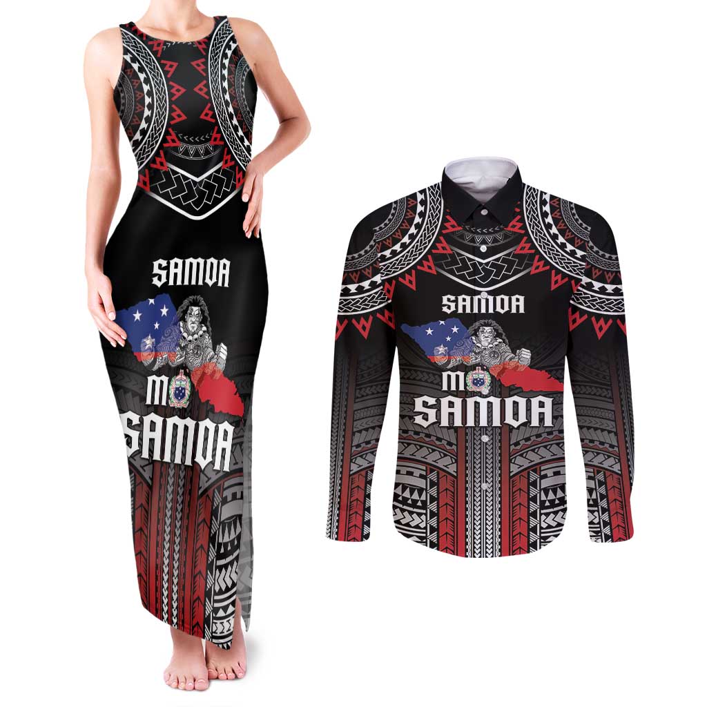 Personalised Samoa Black Saturday Couples Matching Tank Maxi Dress and Long Sleeve Button Shirt Samoan Warrior Tribal Pattern LT05 Black - Polynesian Pride