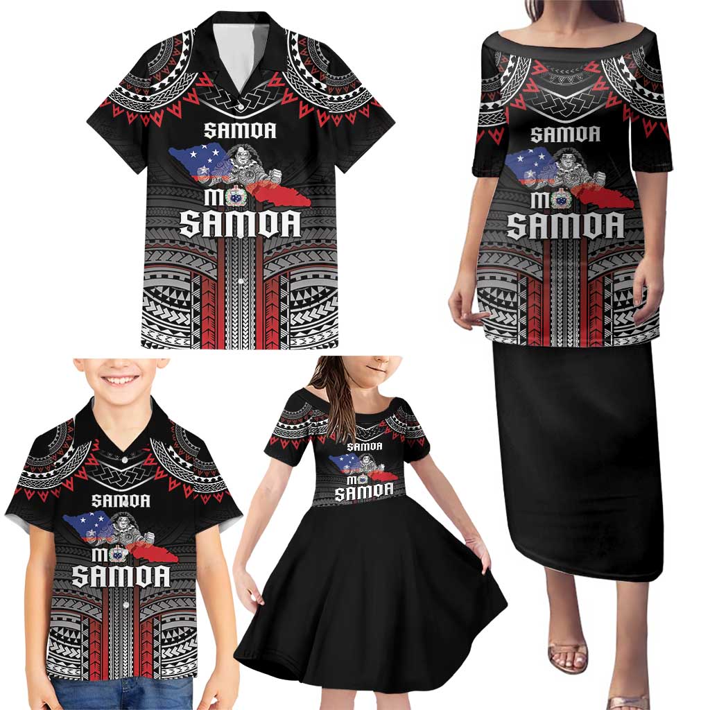 Personalised Samoa Black Saturday Family Matching Puletasi and Hawaiian Shirt Samoan Warrior Tribal Pattern