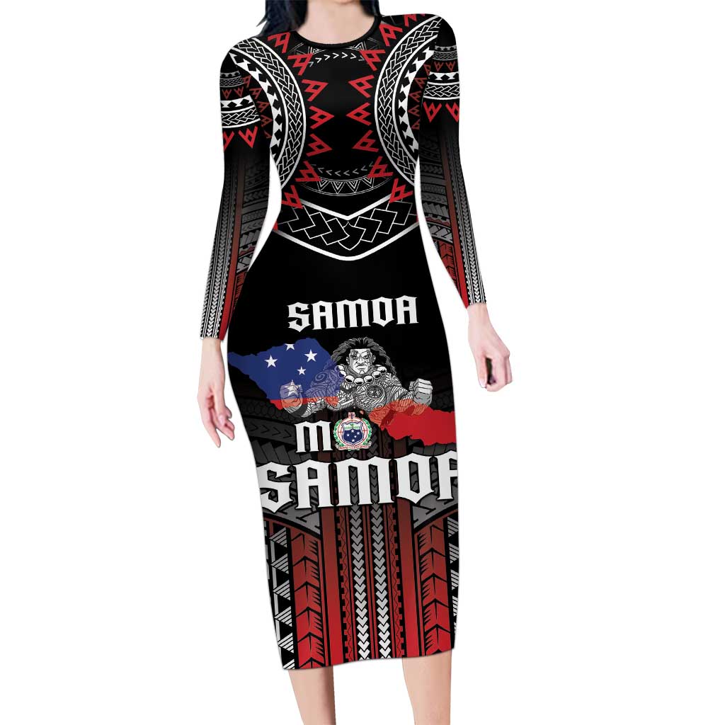 Personalised Samoa Black Saturday Long Sleeve Bodycon Dress Samoan Warrior Tribal Pattern LT05 Long Dress Black - Polynesian Pride