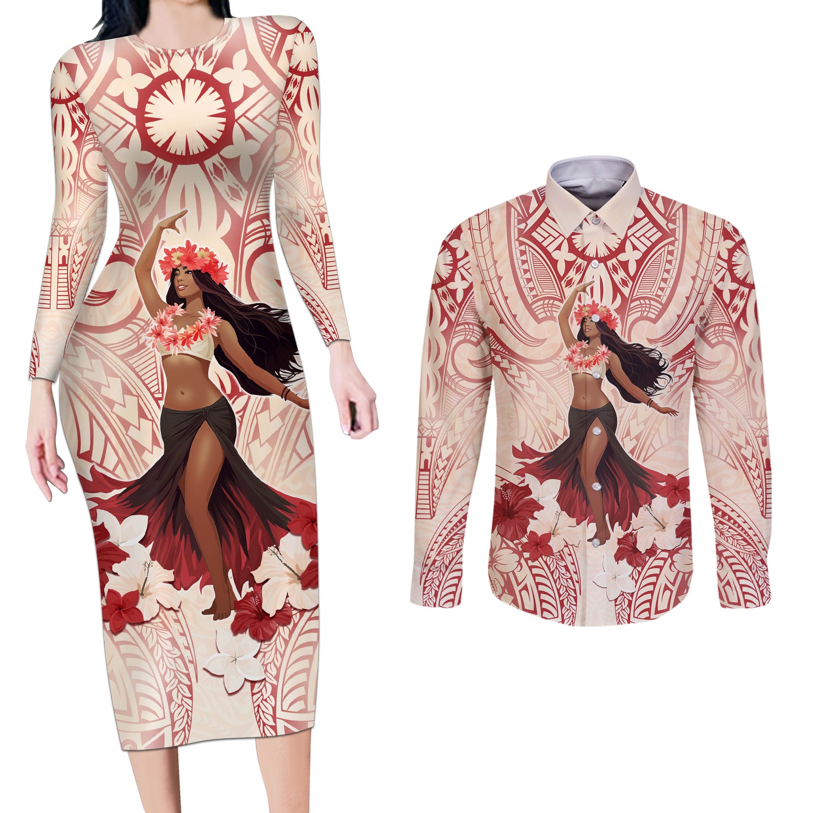 Tahiti Women's Day Couples Matching Long Sleeve Bodycon Dress and Long Sleeve Button Shirt With Polynesian Pattern LT05 Beige - Polynesian Pride