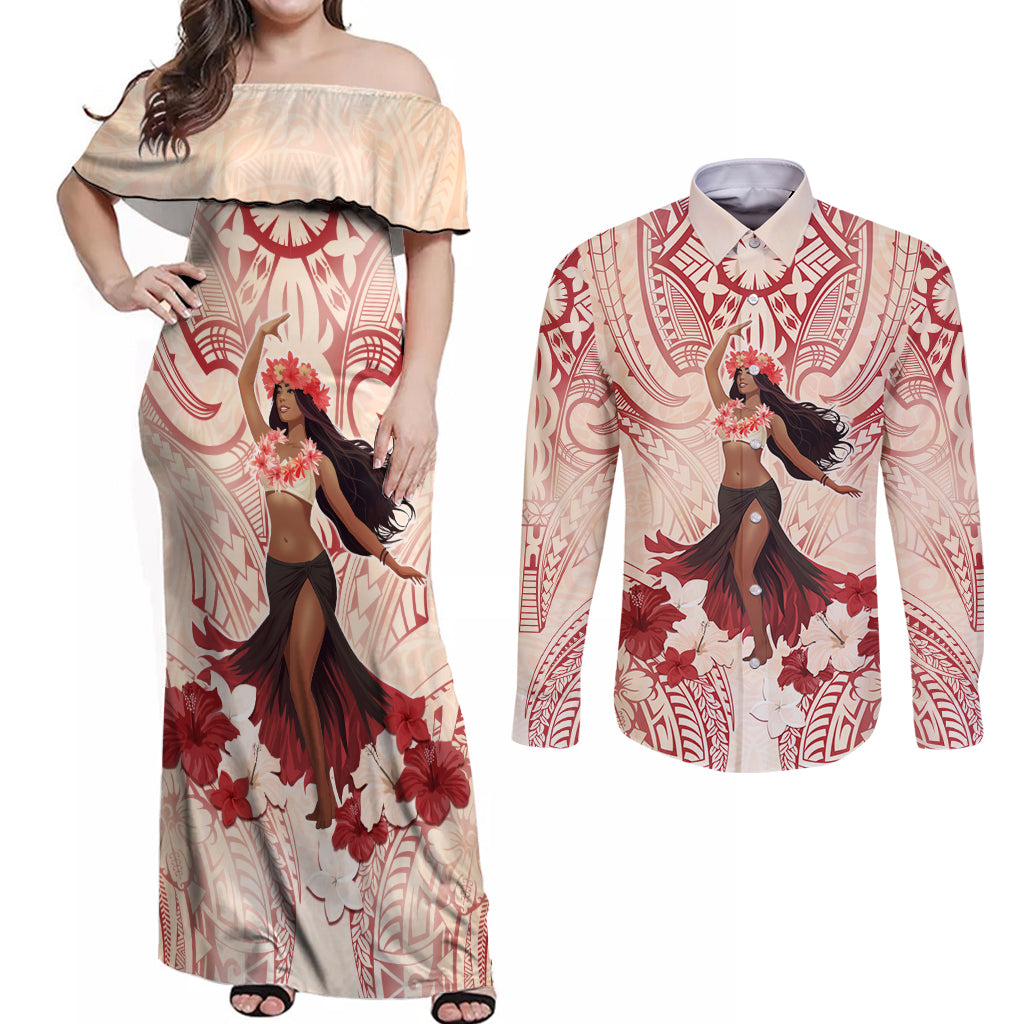 Tahiti Women's Day Couples Matching Off Shoulder Maxi Dress and Long Sleeve Button Shirt With Polynesian Pattern LT05 Beige - Polynesian Pride