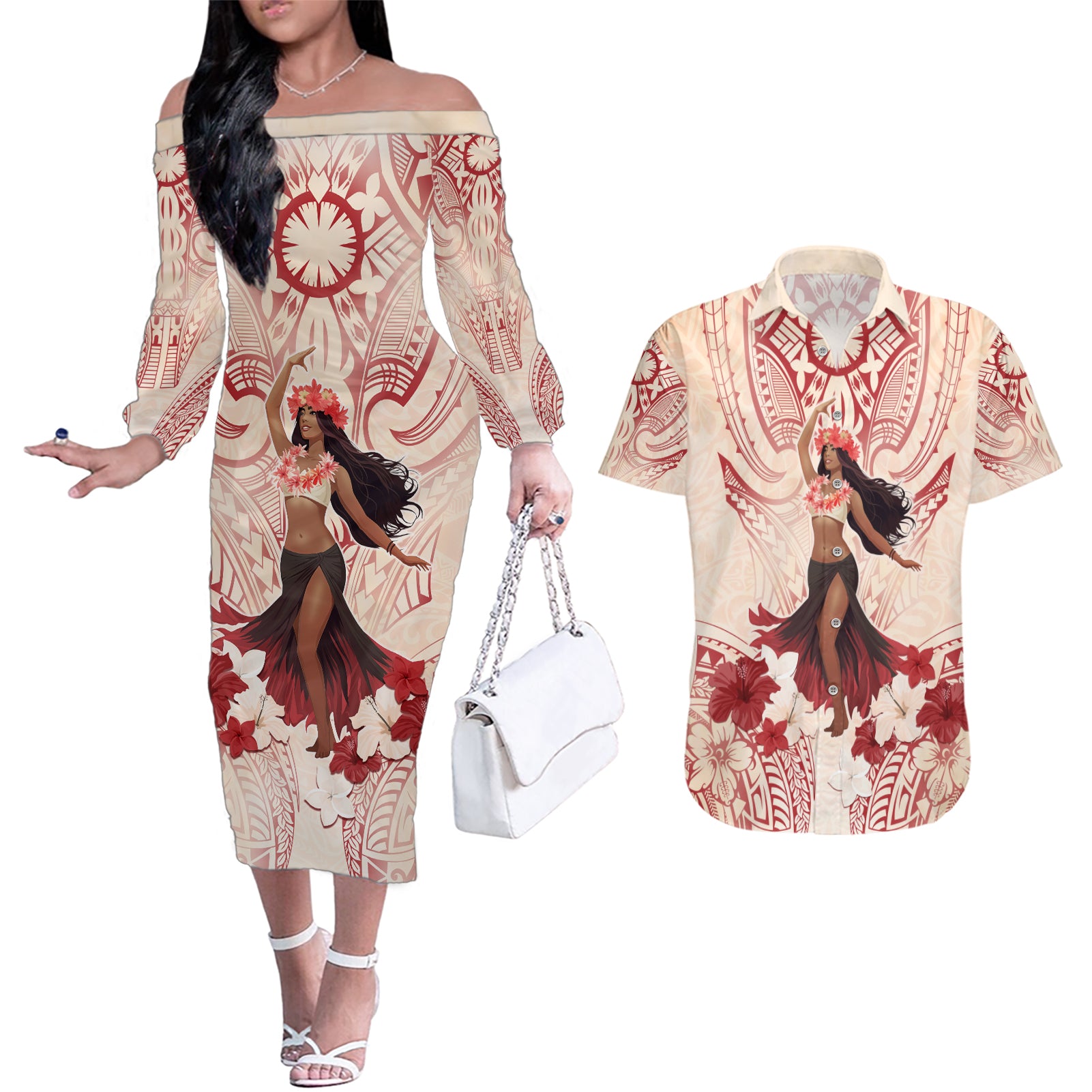 Tahiti Women's Day Couples Matching Off The Shoulder Long Sleeve Dress and Hawaiian Shirt With Polynesian Pattern LT05 Beige - Polynesian Pride