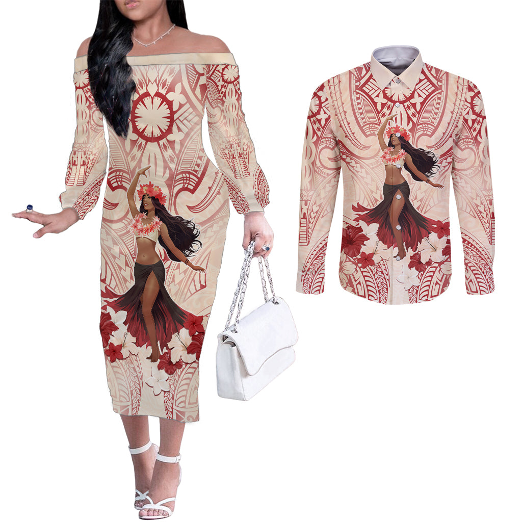 Tahiti Women's Day Couples Matching Off The Shoulder Long Sleeve Dress and Long Sleeve Button Shirt With Polynesian Pattern LT05 Beige - Polynesian Pride