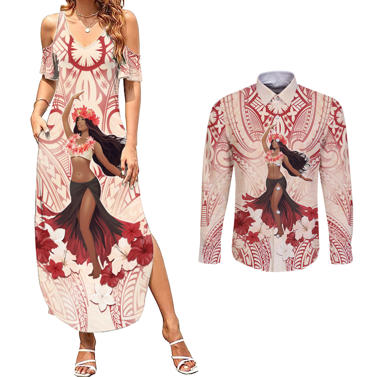 Tahiti Women's Day Couples Matching Summer Maxi Dress and Long Sleeve Button Shirt With Polynesian Pattern LT05 Beige - Polynesian Pride