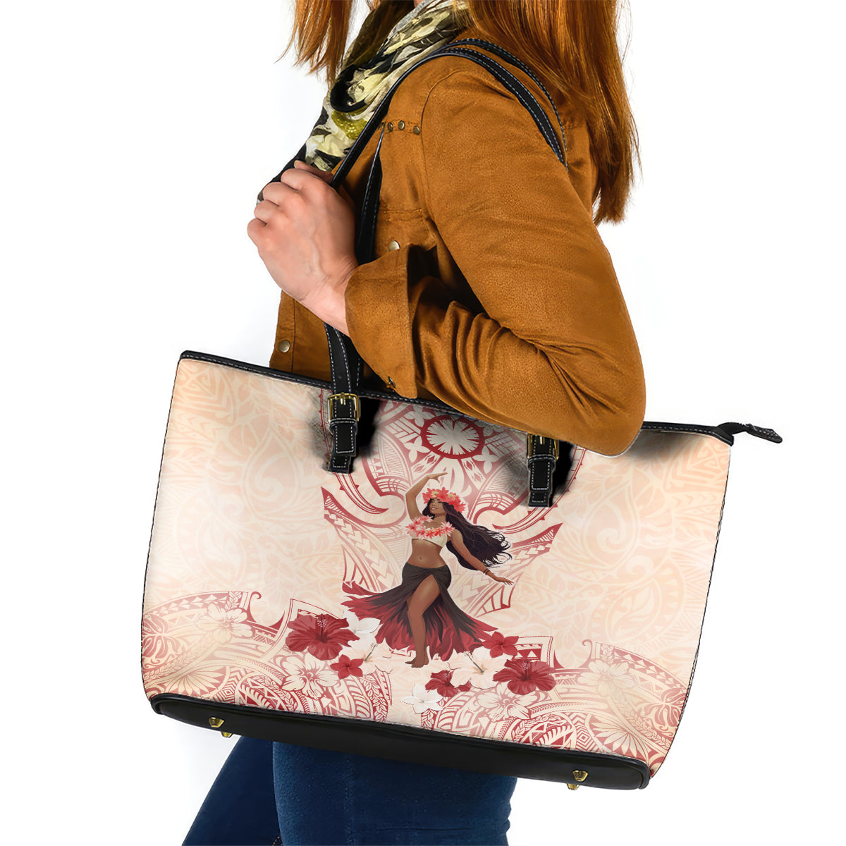 Tahiti Women's Day Leather Tote Bag With Polynesian Pattern LT05 Beige - Polynesian Pride