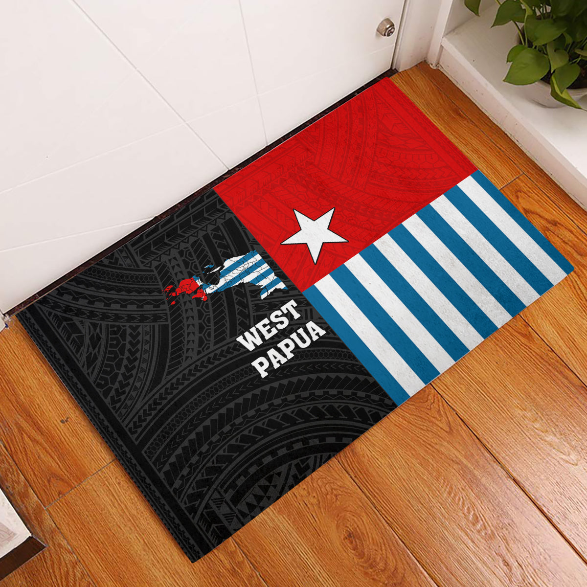 West Papua Rubber Doormat Polynesian Pattern With Coat Of Arms LT05 Blue - Polynesian Pride