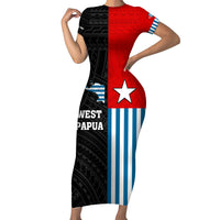 Personalised West Papua Short Sleeve Bodycon Dress Polynesian Pattern With Coat Of Arms LT05 Long Dress Blue - Polynesian Pride
