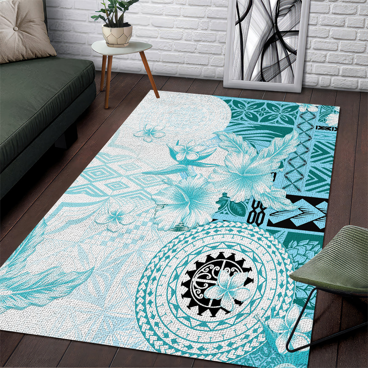 Samoa Siapo Pattern With Teal Hibiscus Area Rug LT05 Teal - Polynesian Pride