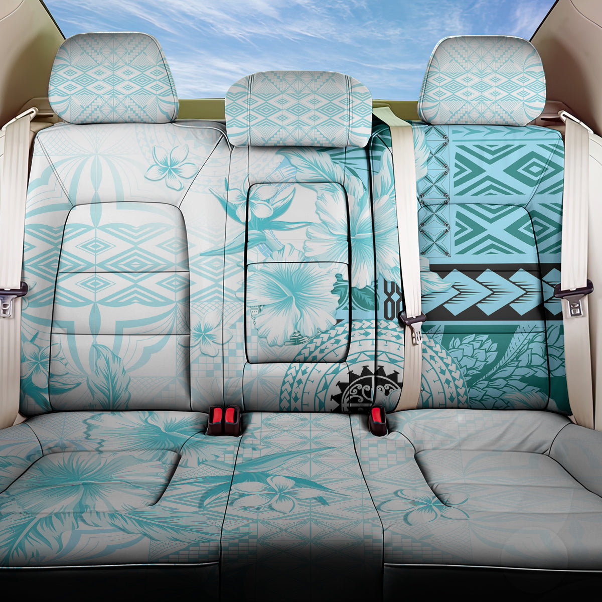 Samoa Siapo Pattern With Teal Hibiscus Back Car Seat Cover LT05 One Size Teal - Polynesian Pride