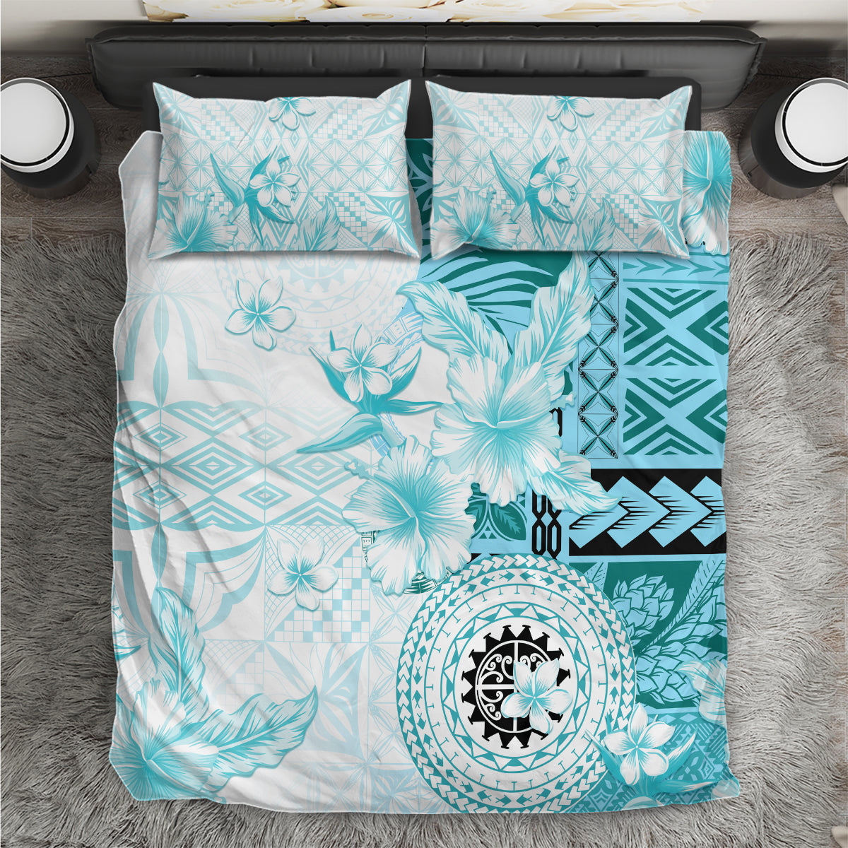 Samoa Siapo Pattern With Teal Hibiscus Bedding Set LT05 Teal - Polynesian Pride