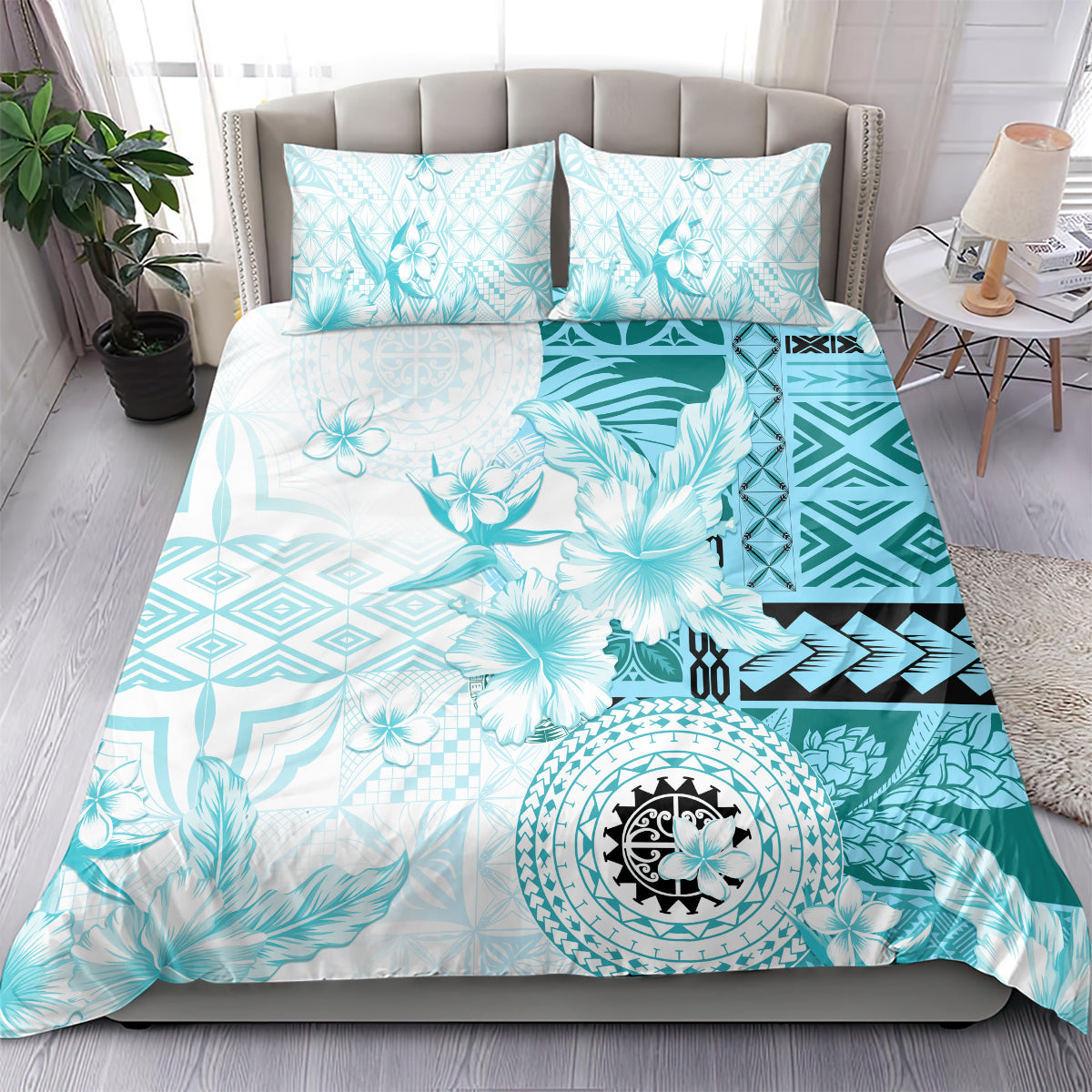 Samoa Siapo Pattern With Teal Hibiscus Bedding Set LT05 - Polynesian Pride