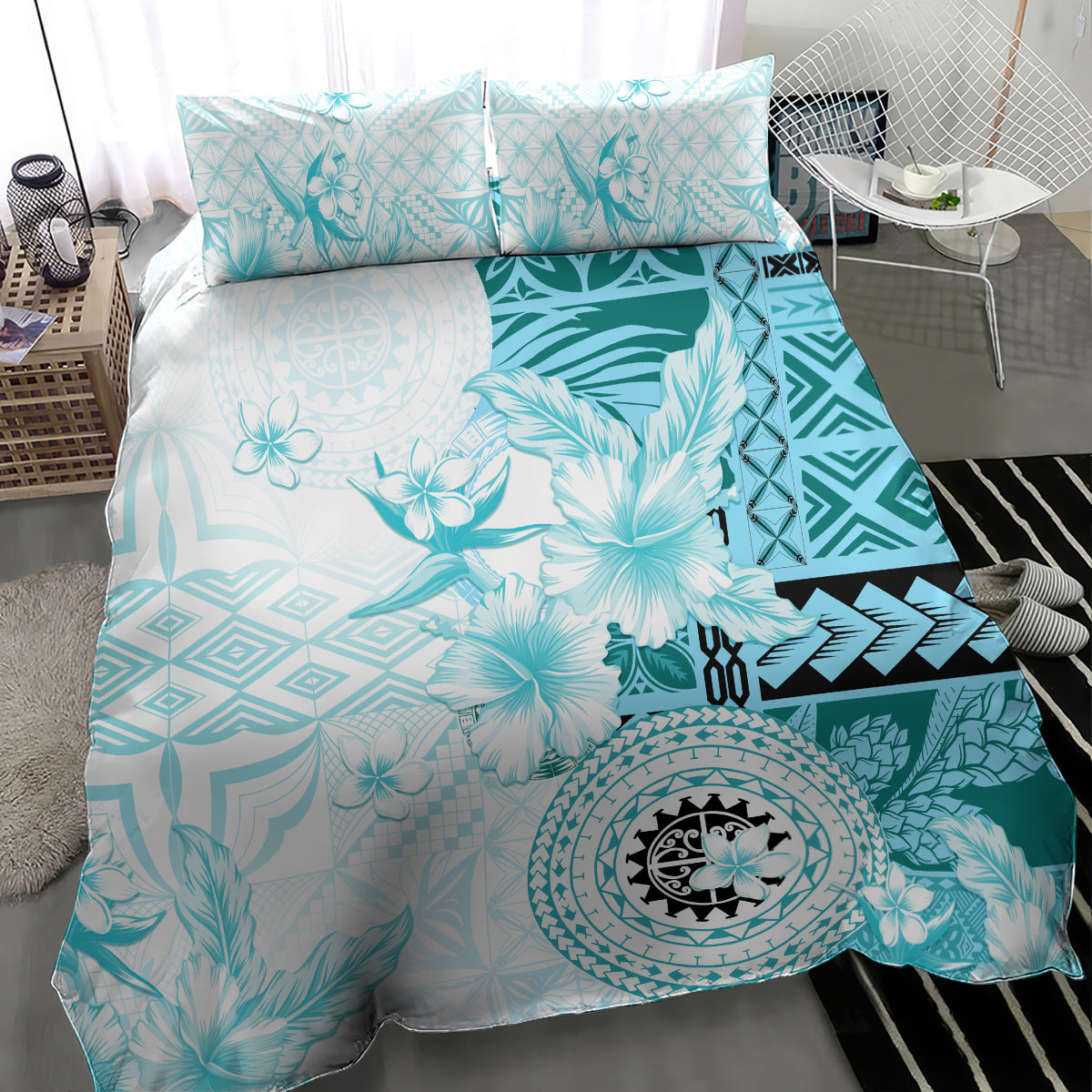 Samoa Siapo Pattern With Teal Hibiscus Bedding Set LT05 - Polynesian Pride