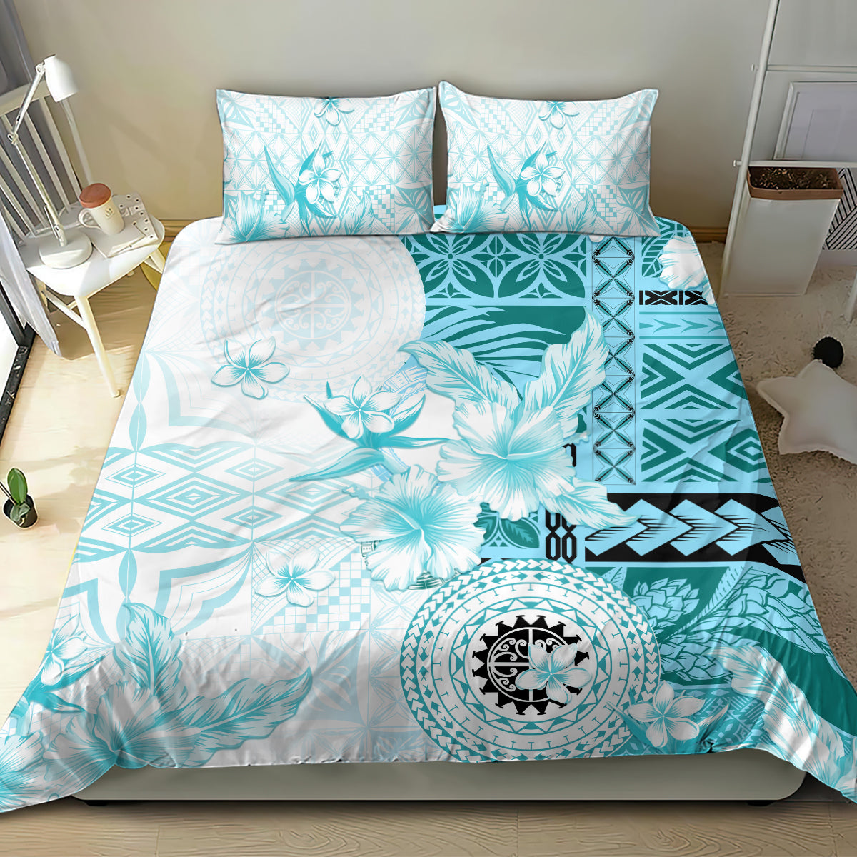 Samoa Siapo Pattern With Teal Hibiscus Bedding Set LT05 - Polynesian Pride