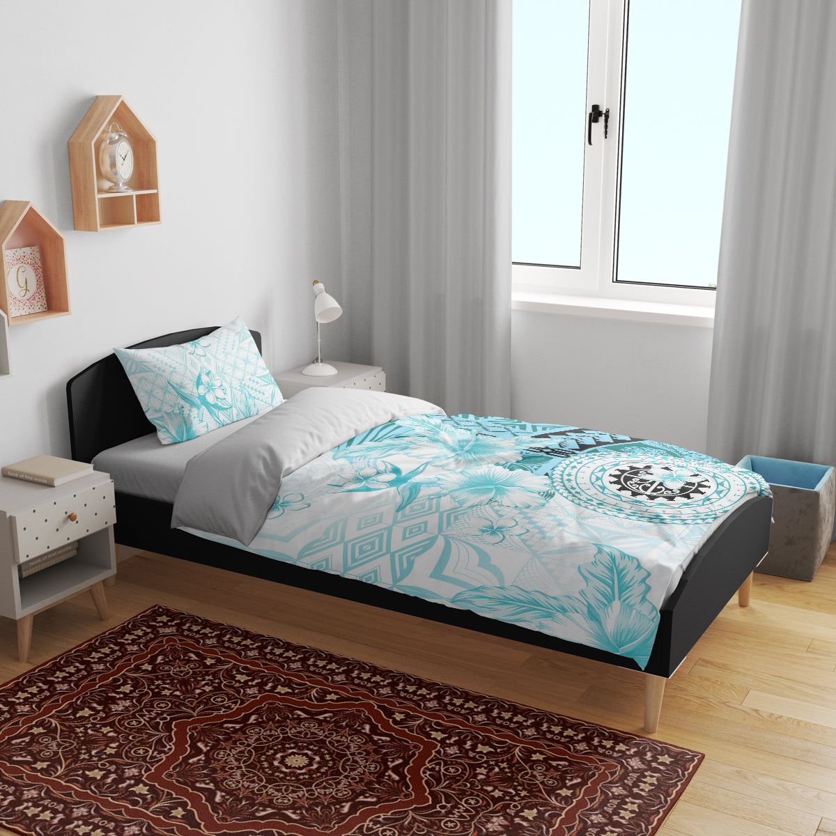 Samoa Siapo Pattern With Teal Hibiscus Bedding Set LT05 - Polynesian Pride