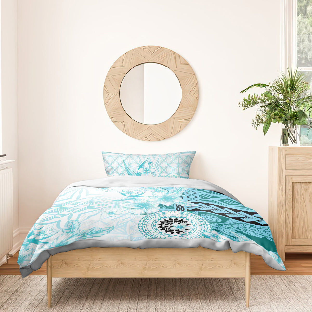 Samoa Siapo Pattern With Teal Hibiscus Bedding Set LT05 - Polynesian Pride