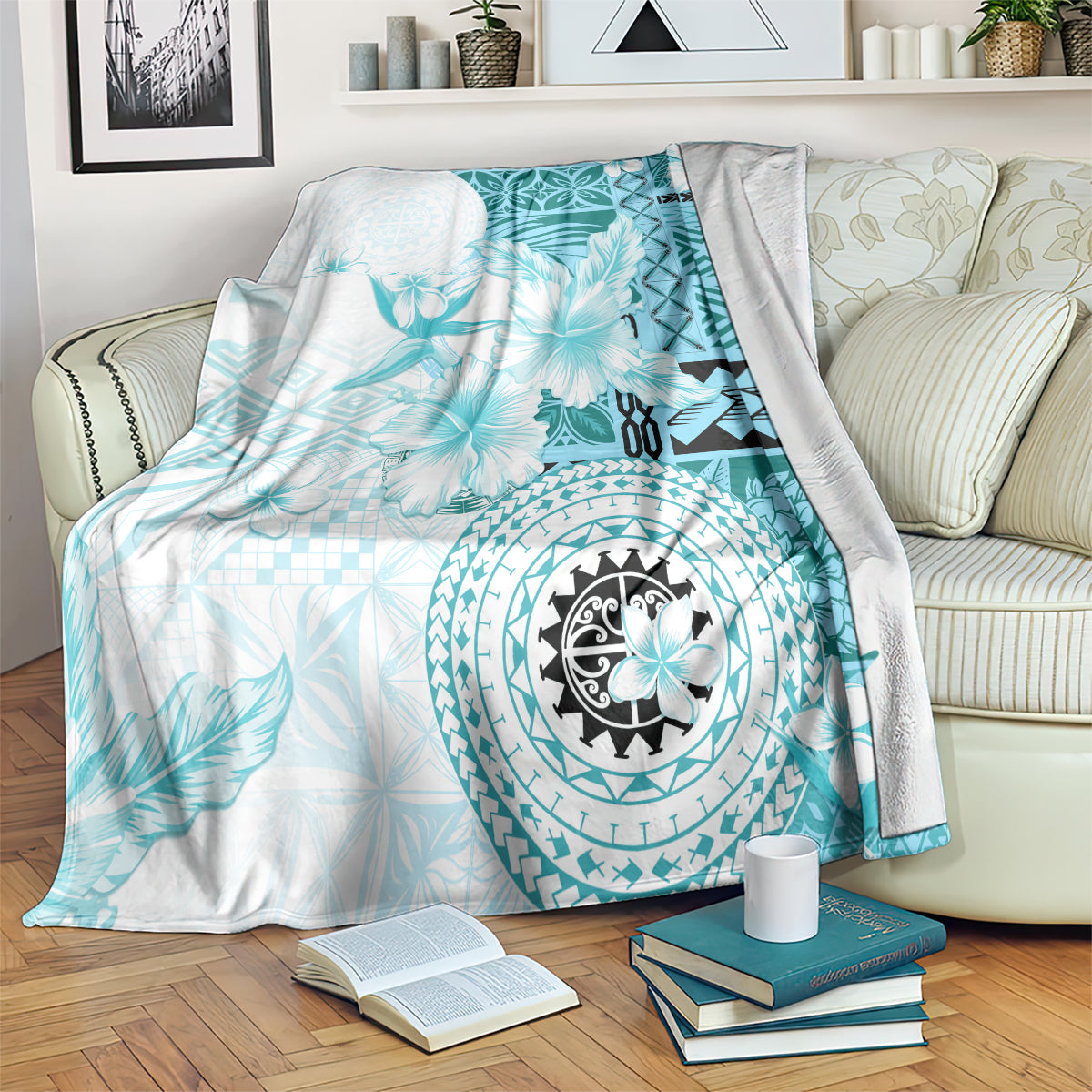 Samoa Siapo Pattern With Teal Hibiscus Blanket LT05 Teal - Polynesian Pride