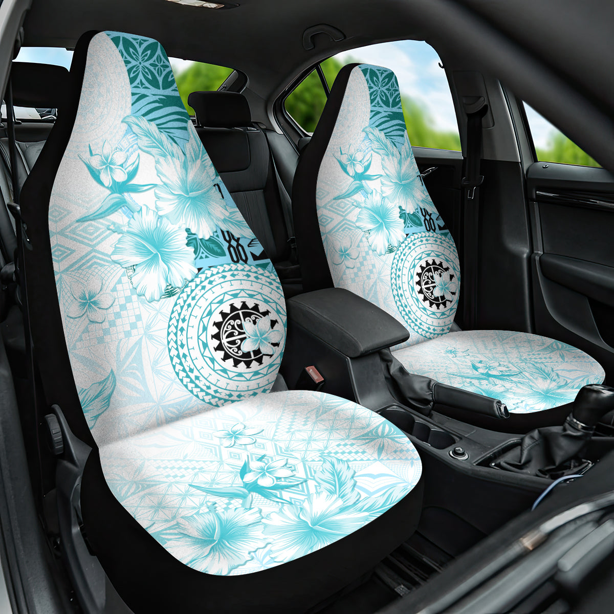 Samoa Siapo Pattern With Teal Hibiscus Car Seat Cover LT05 One Size Teal - Polynesian Pride