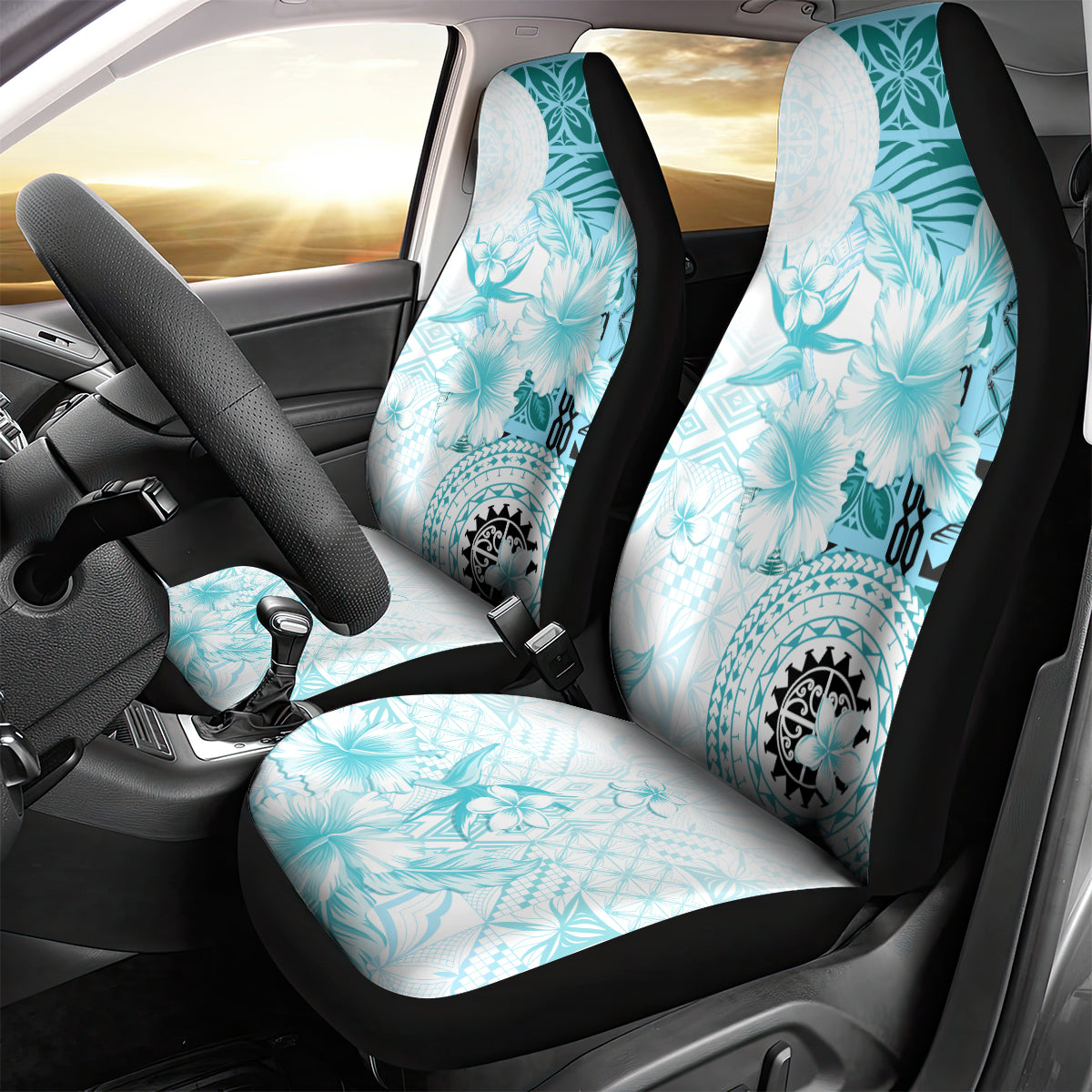 Samoa Siapo Pattern With Teal Hibiscus Car Seat Cover LT05 - Polynesian Pride
