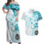 Samoa Siapo Pattern With Teal Hibiscus Couples Matching Off Shoulder Maxi Dress and Hawaiian Shirt LT05 Teal - Polynesian Pride