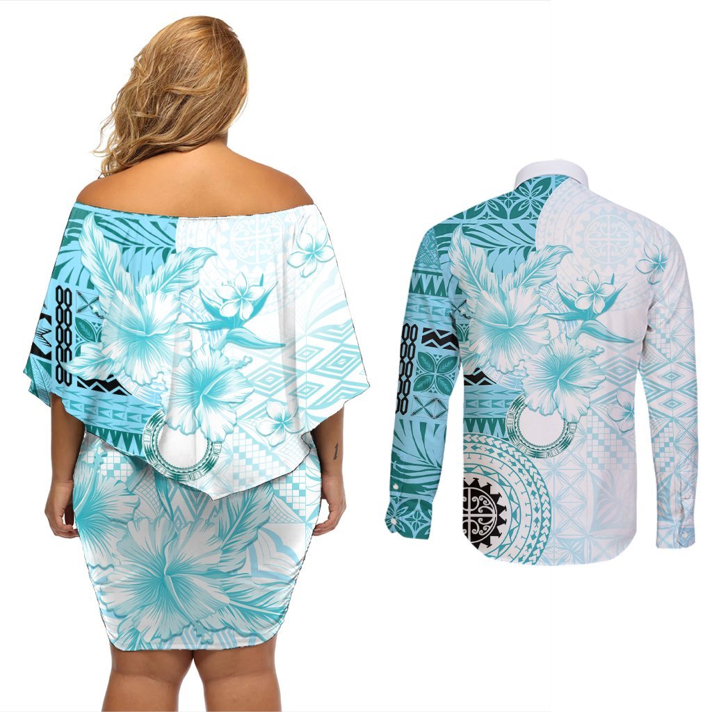 Samoa Siapo Pattern With Teal Hibiscus Couples Matching Off Shoulder Short Dress and Long Sleeve Button Shirt LT05 - Polynesian Pride