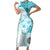 Samoa Siapo Pattern With Teal Hibiscus Family Matching Short Sleeve Bodycon Dress and Hawaiian Shirt LT05 Mom's Dress Teal - Polynesian Pride