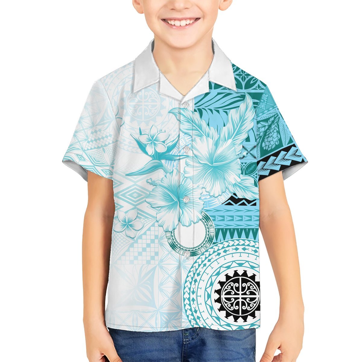 Samoa Siapo Pattern With Teal Hibiscus Hawaiian Shirt LT05 - Polynesian Pride