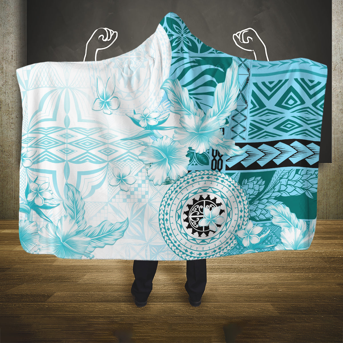 Samoa Siapo Pattern With Teal Hibiscus Hooded Blanket LT05 One Size Teal - Polynesian Pride