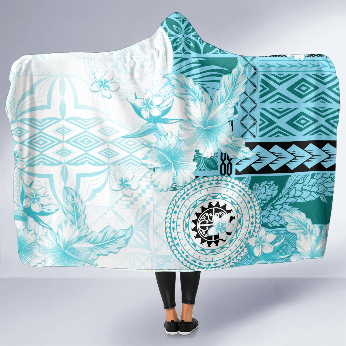 Samoa Siapo Pattern With Teal Hibiscus Hooded Blanket LT05 - Polynesian Pride