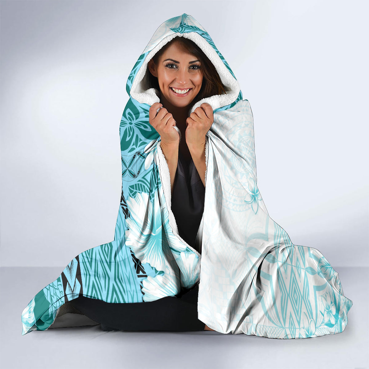 Samoa Siapo Pattern With Teal Hibiscus Hooded Blanket LT05 - Polynesian Pride