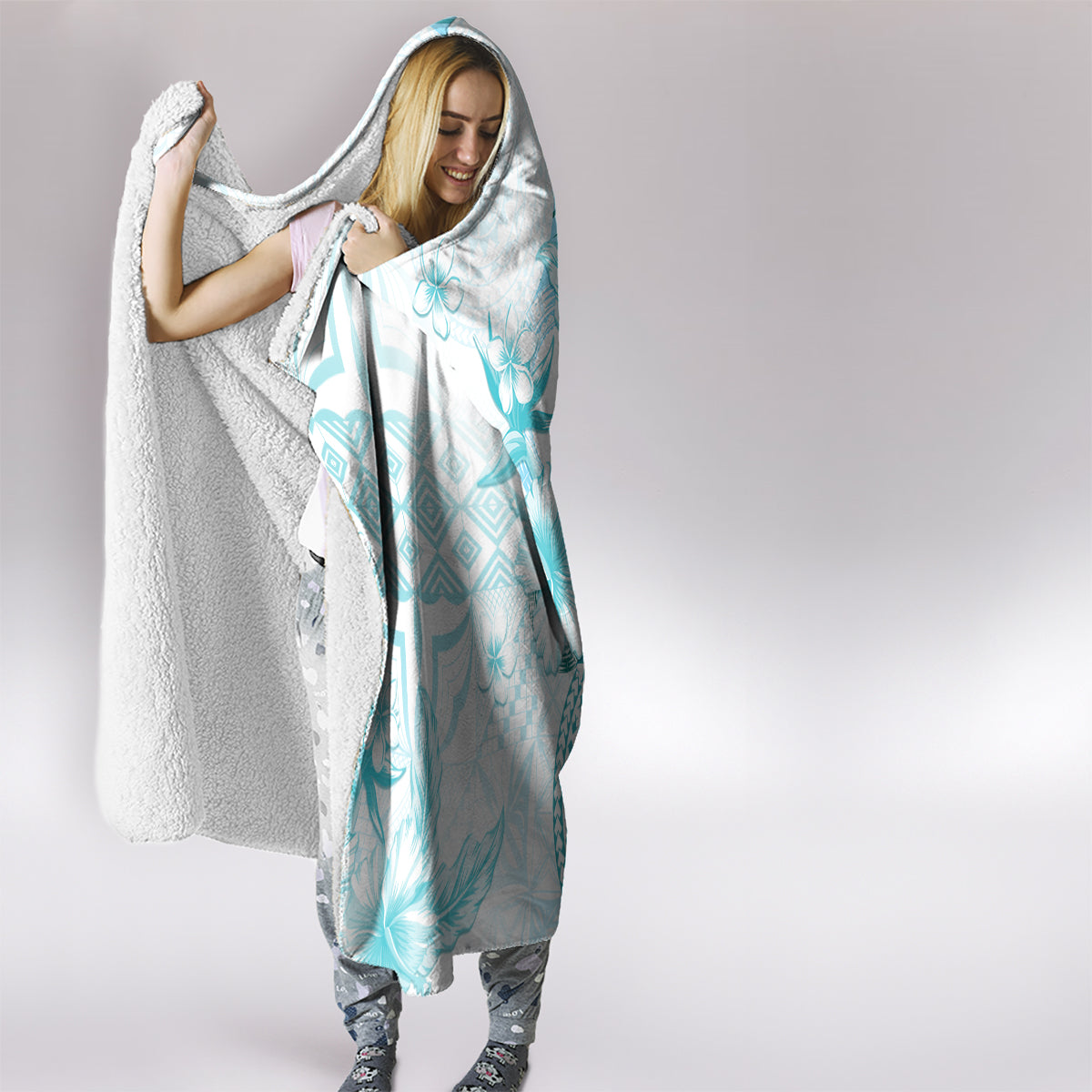 Samoa Siapo Pattern With Teal Hibiscus Hooded Blanket LT05 - Polynesian Pride