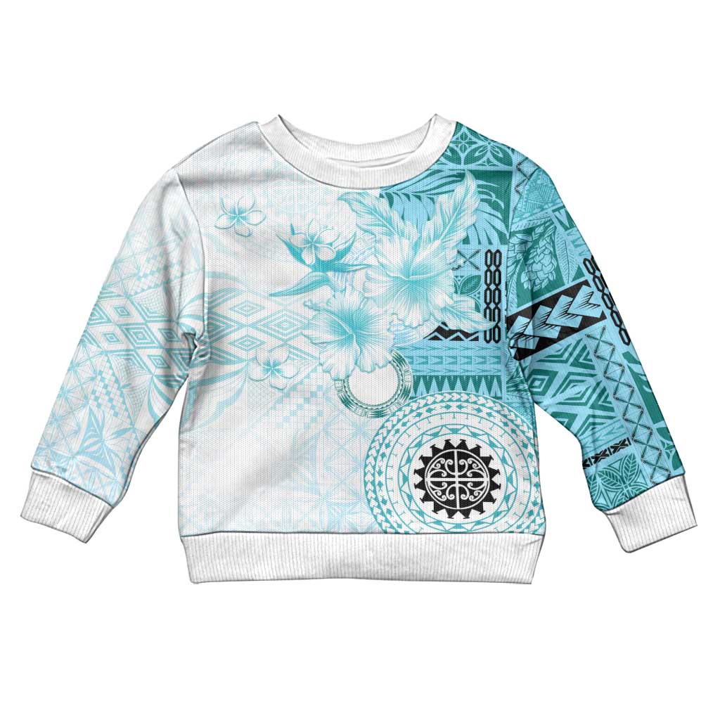 Samoa Siapo Pattern With Teal Hibiscus Kid Ugly Christmas Sweater LT05 Kid Teal - Polynesian Pride