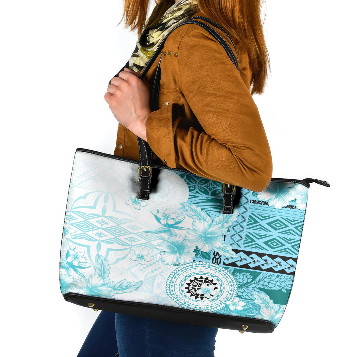 Samoa Siapo Pattern With Teal Hibiscus Leather Tote Bag LT05 Teal - Polynesian Pride