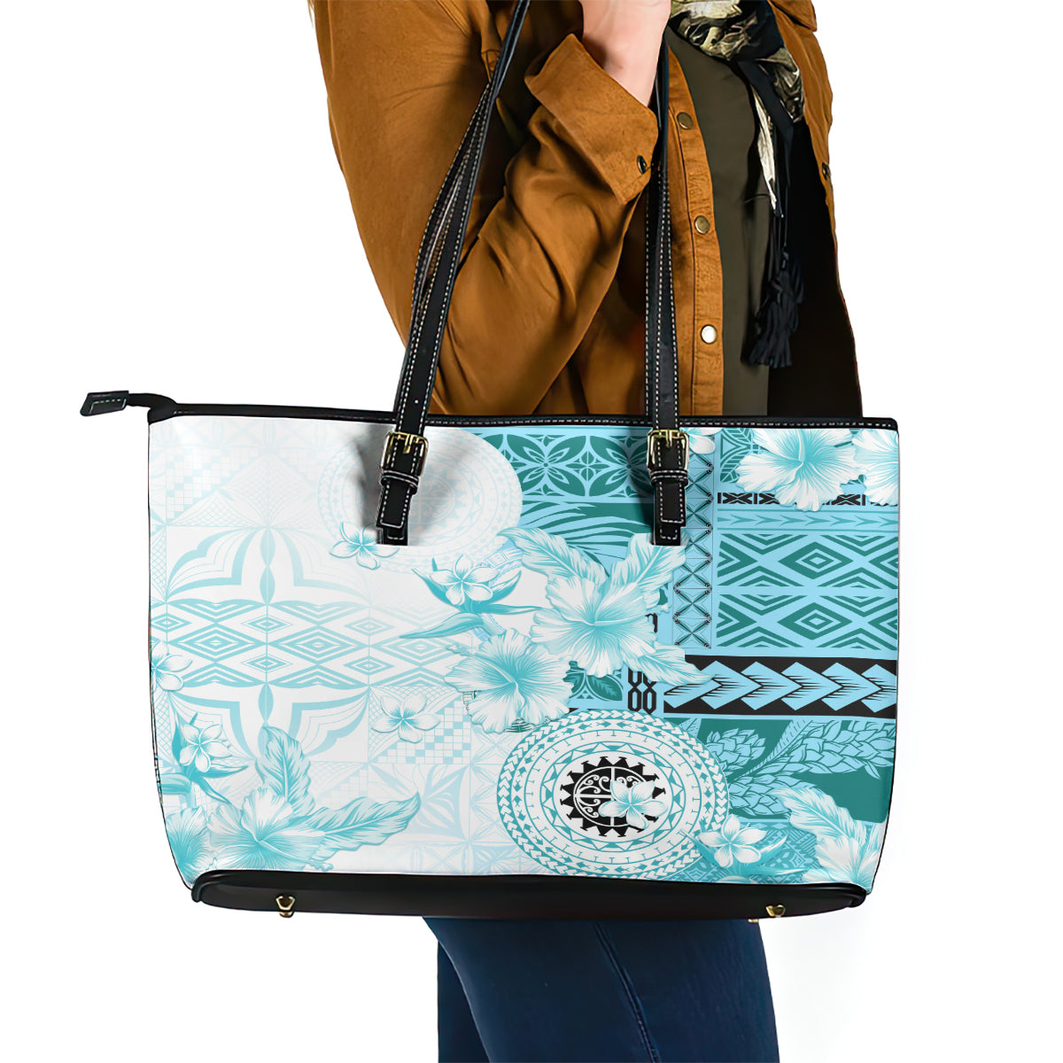 Samoa Siapo Pattern With Teal Hibiscus Leather Tote Bag LT05 - Polynesian Pride